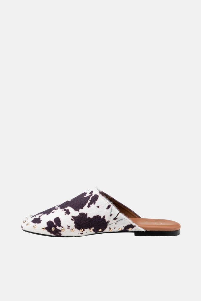 JELAVU Serena Studded Flat Mule in Black & White Cow Print - image 6