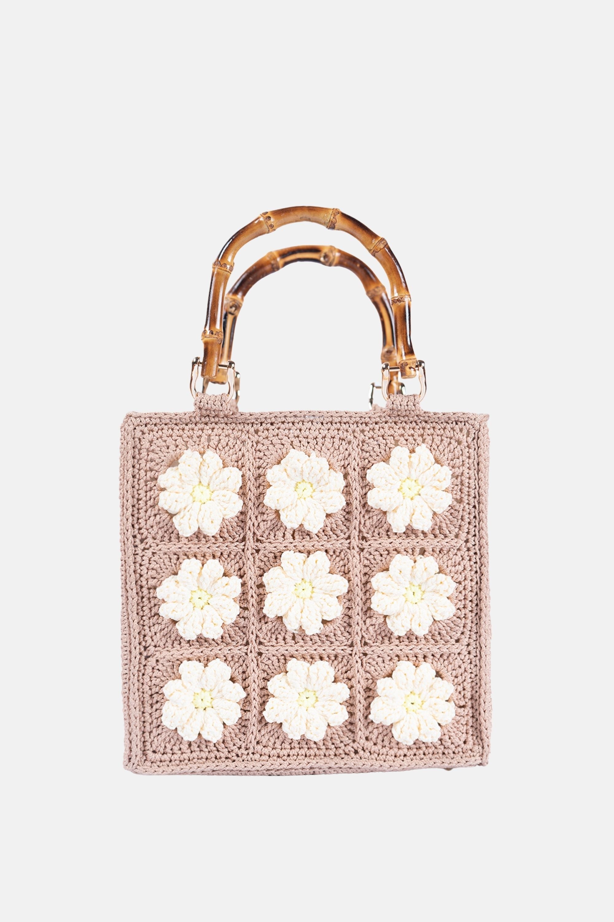 Jelavu - Blossom Crochet Crossbody Bag with Bamboo Handle - Beige / Daisy - Jelavu.com