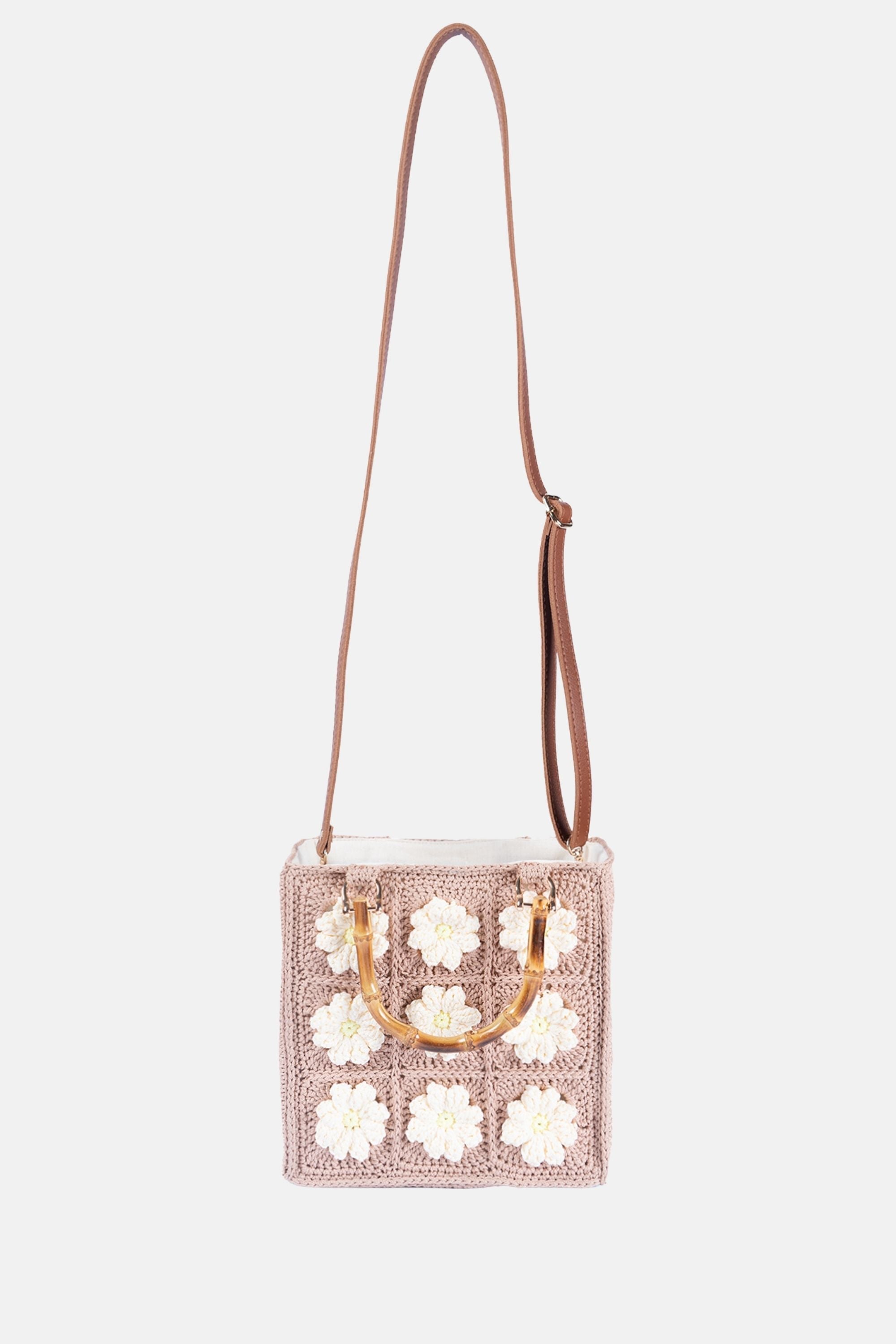 Jelavu - Blossom Crochet Crossbody Bag with Bamboo Handle - Beige / Daisy - Jelavu.com