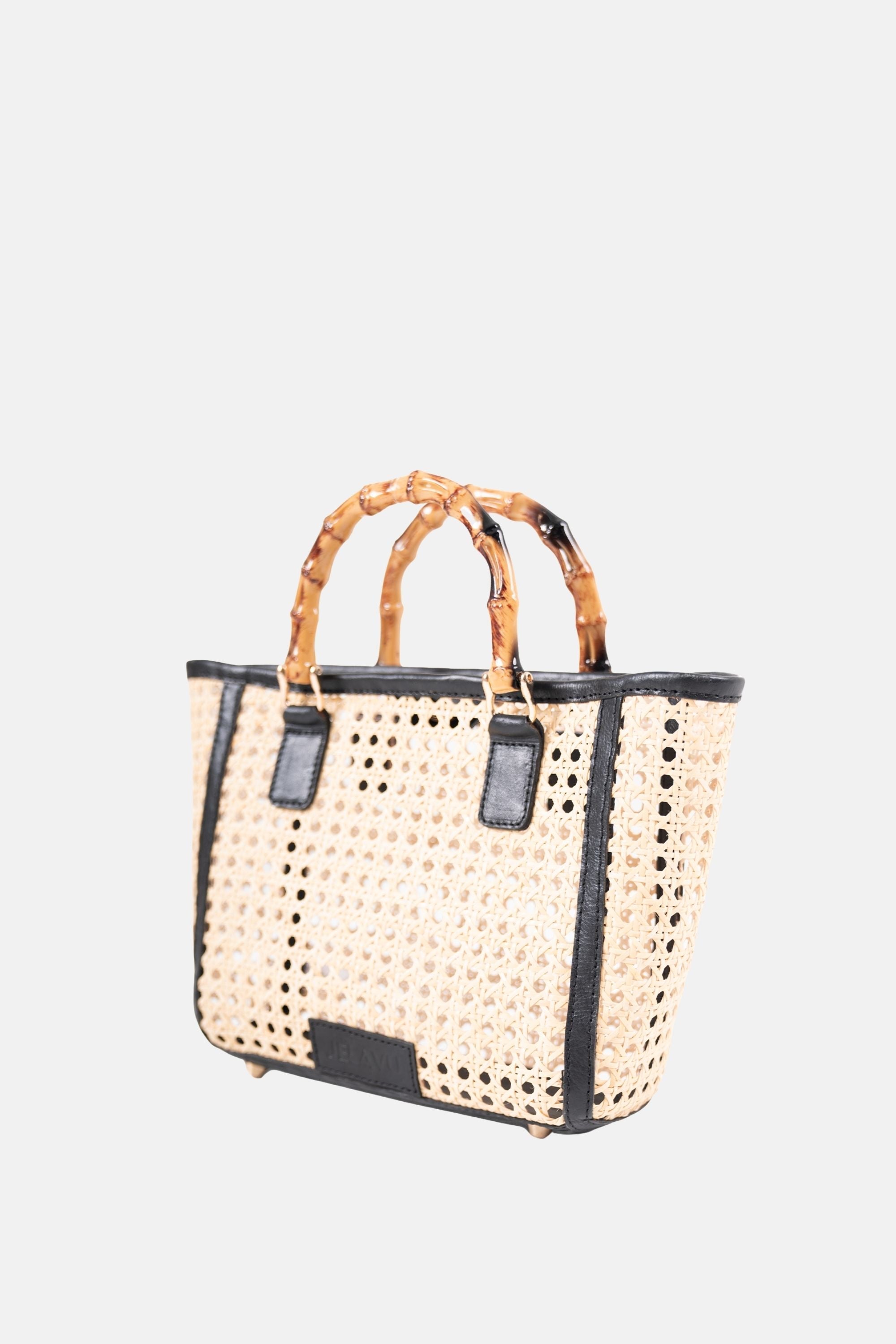 Bristol Medium Cane Tote with Bamboo Handle- Black Leather