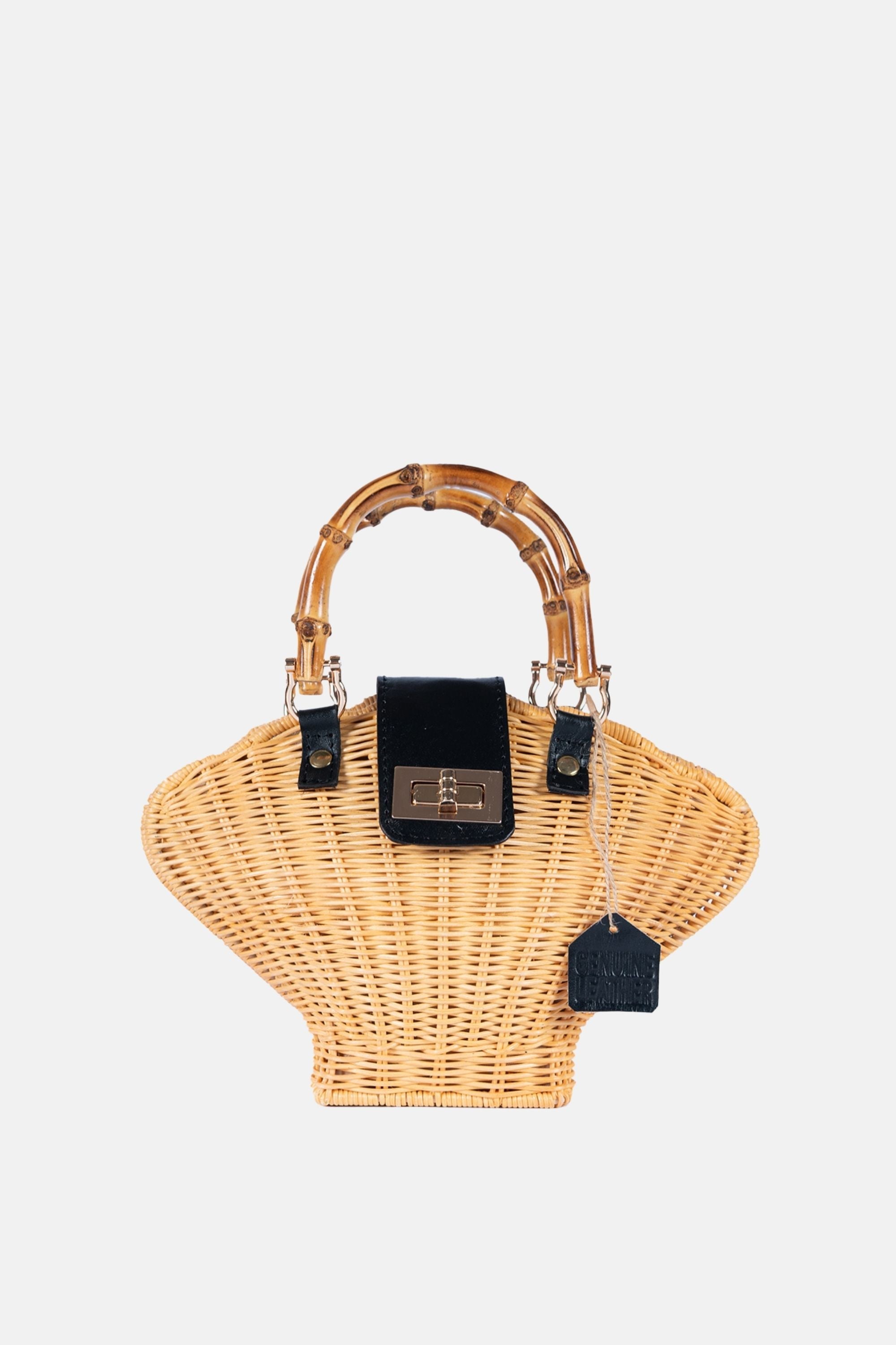 Maree Bamboo Handle Rattan Medium Crossbody - Black Leather / Natural