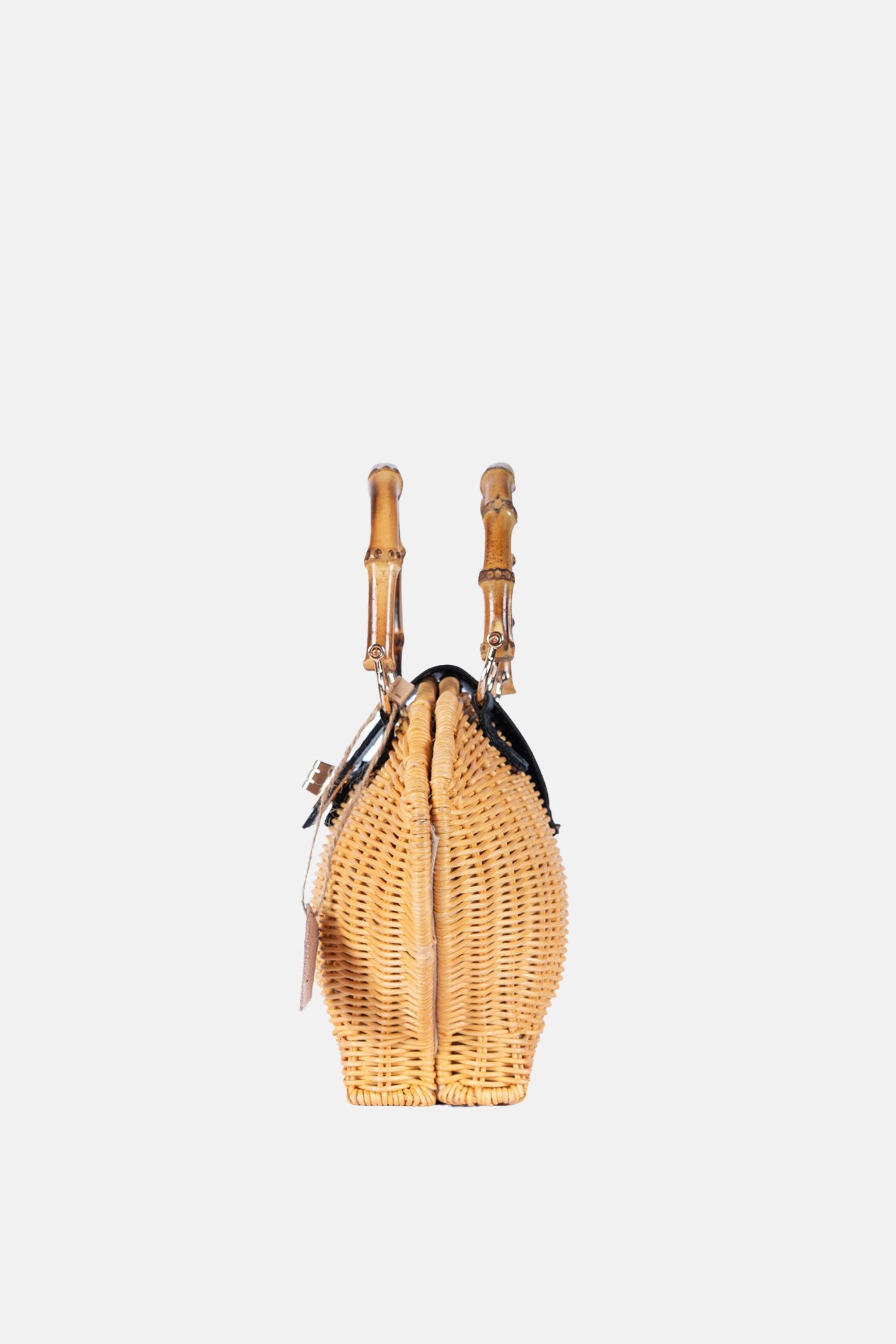 Maree Bamboo Handle Rattan Medium Crossbody - Black Leather / Natural