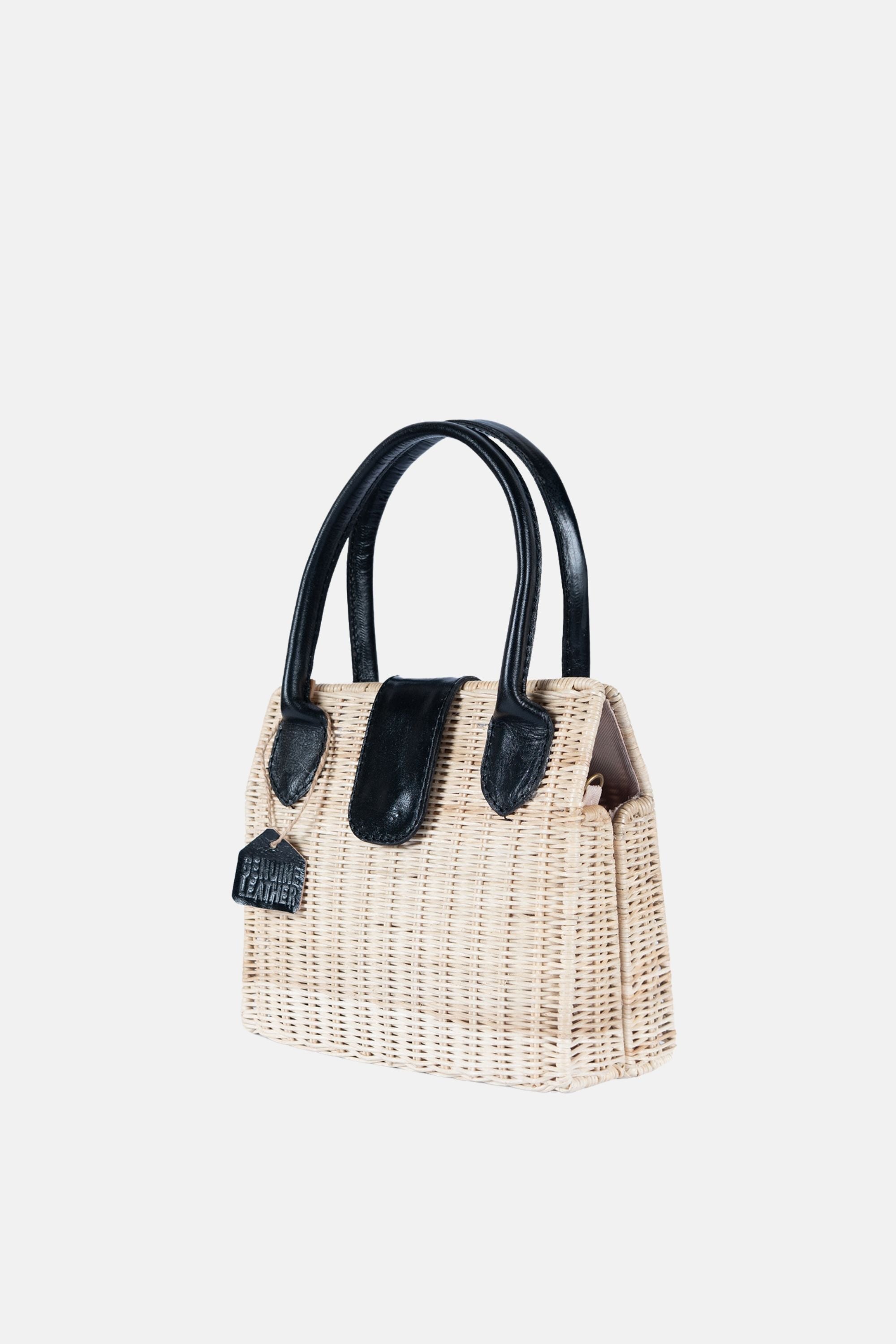 Piper Rattan Medium Crossbody - Black Leather