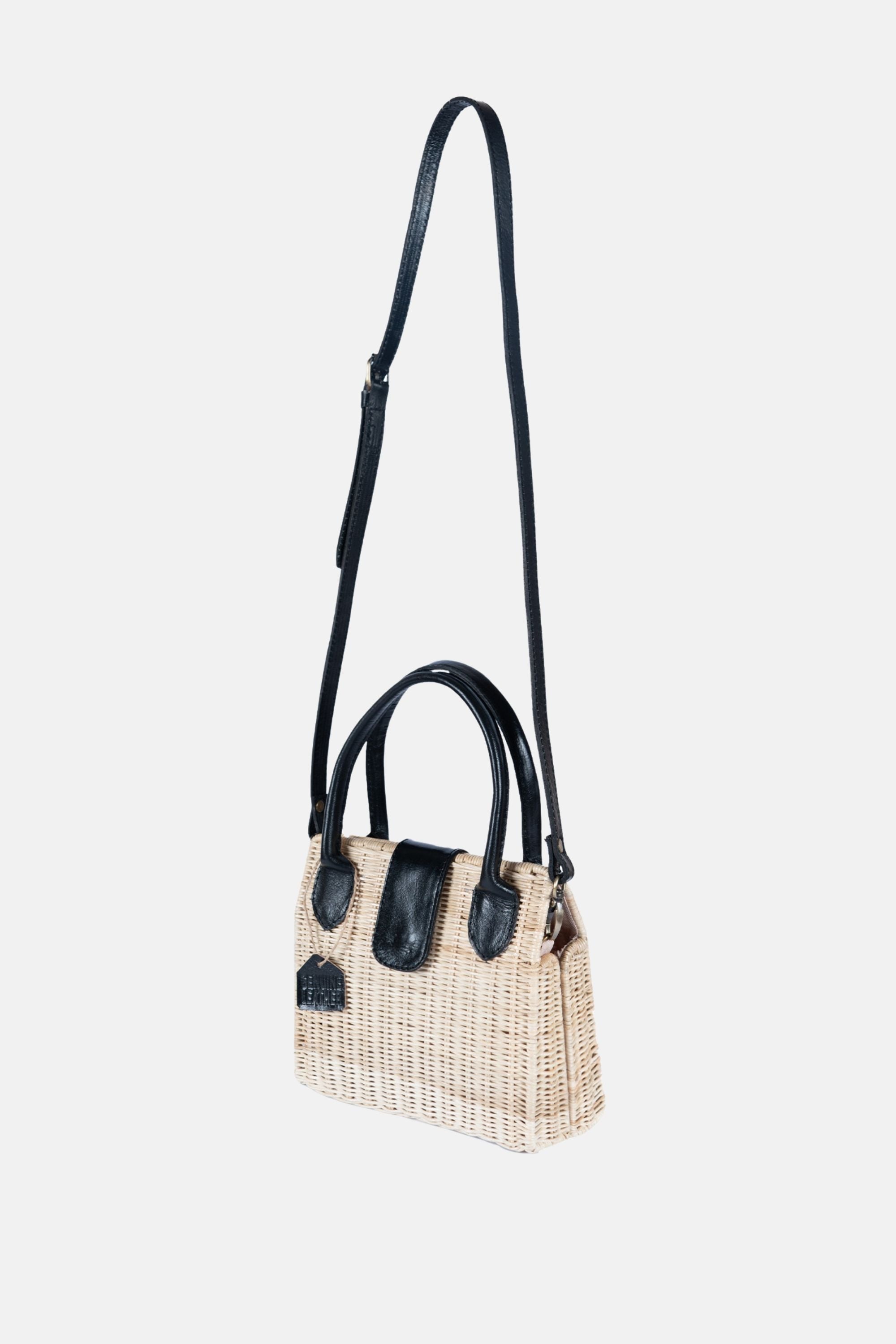 Piper Rattan Medium Crossbody - Black Leather - Jelavu.com