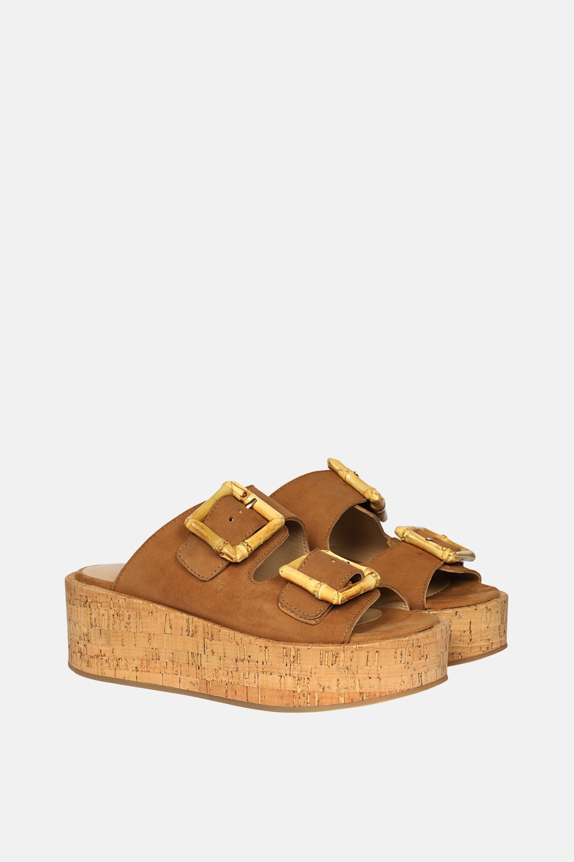 Jelavu - Corkie Platform Sandals with Bamboo Buckle - Cognac Suede - Jelavu.com