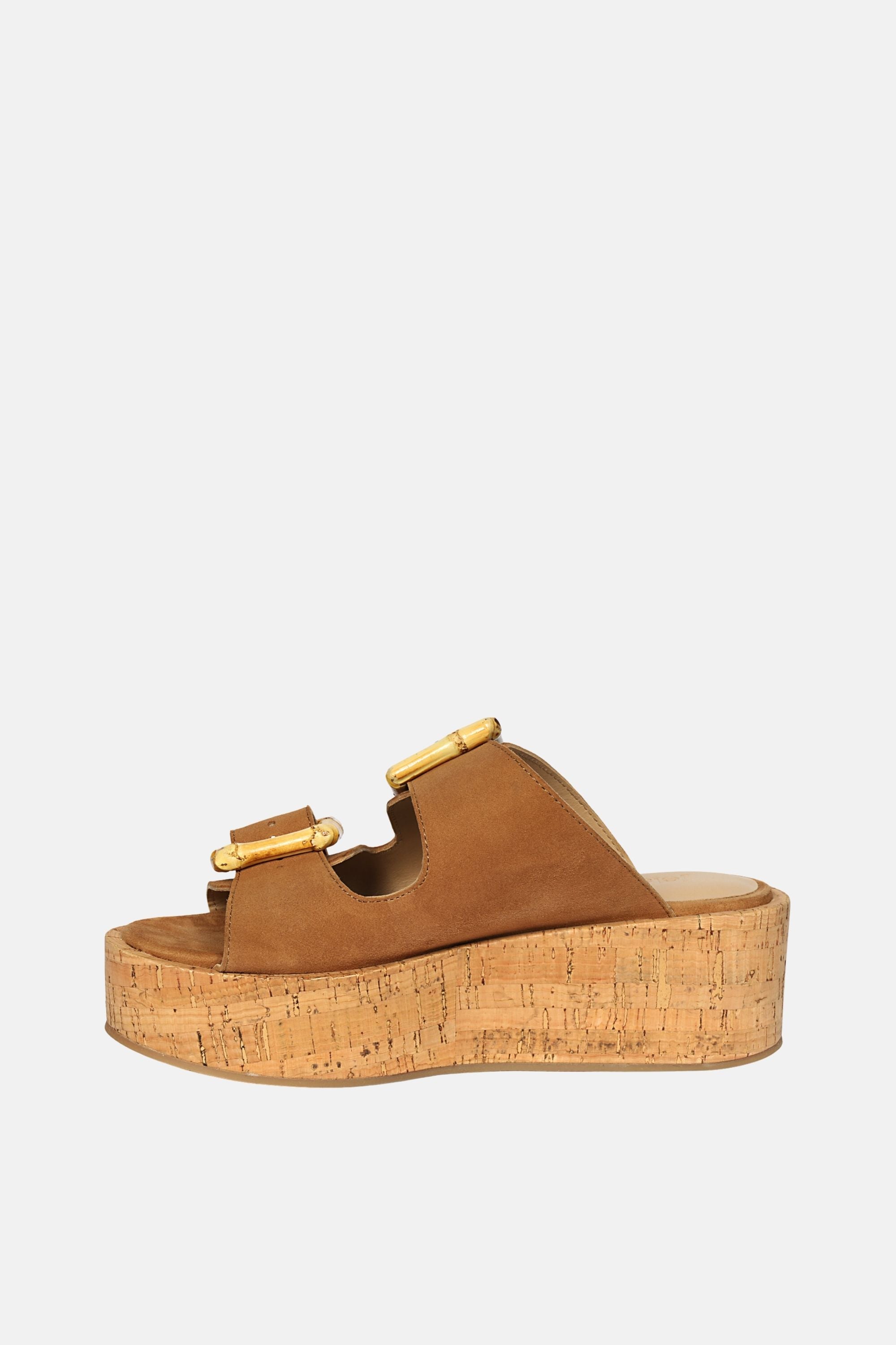 Jelavu - Corkie Platform Sandals with Bamboo Buckle - Cognac Suede - Jelavu.com