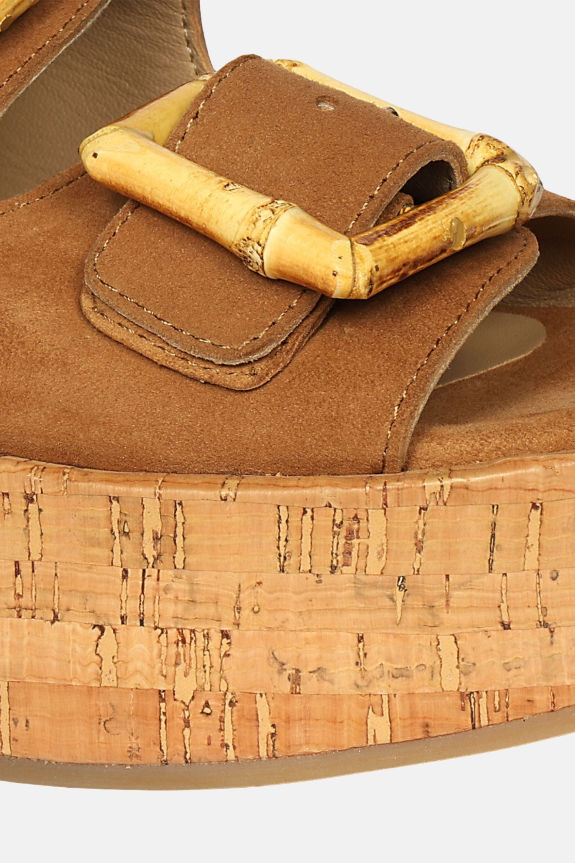 Jelavu - Corkie Platform Sandals with Bamboo Buckle - Cognac Suede - Jelavu.com