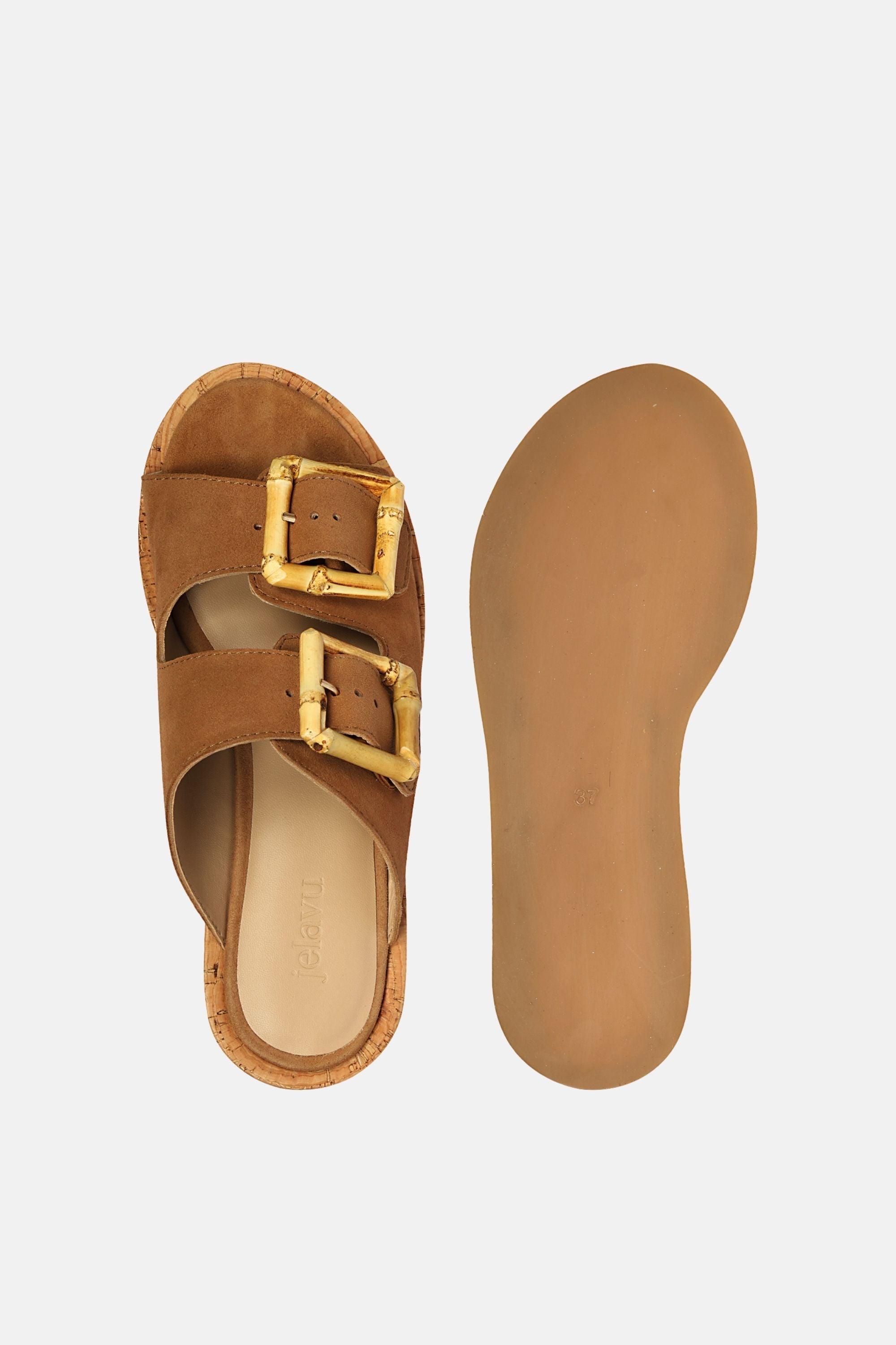 Jelavu - Corkie Platform Sandals with Bamboo Buckle - Cognac Suede - Jelavu.com