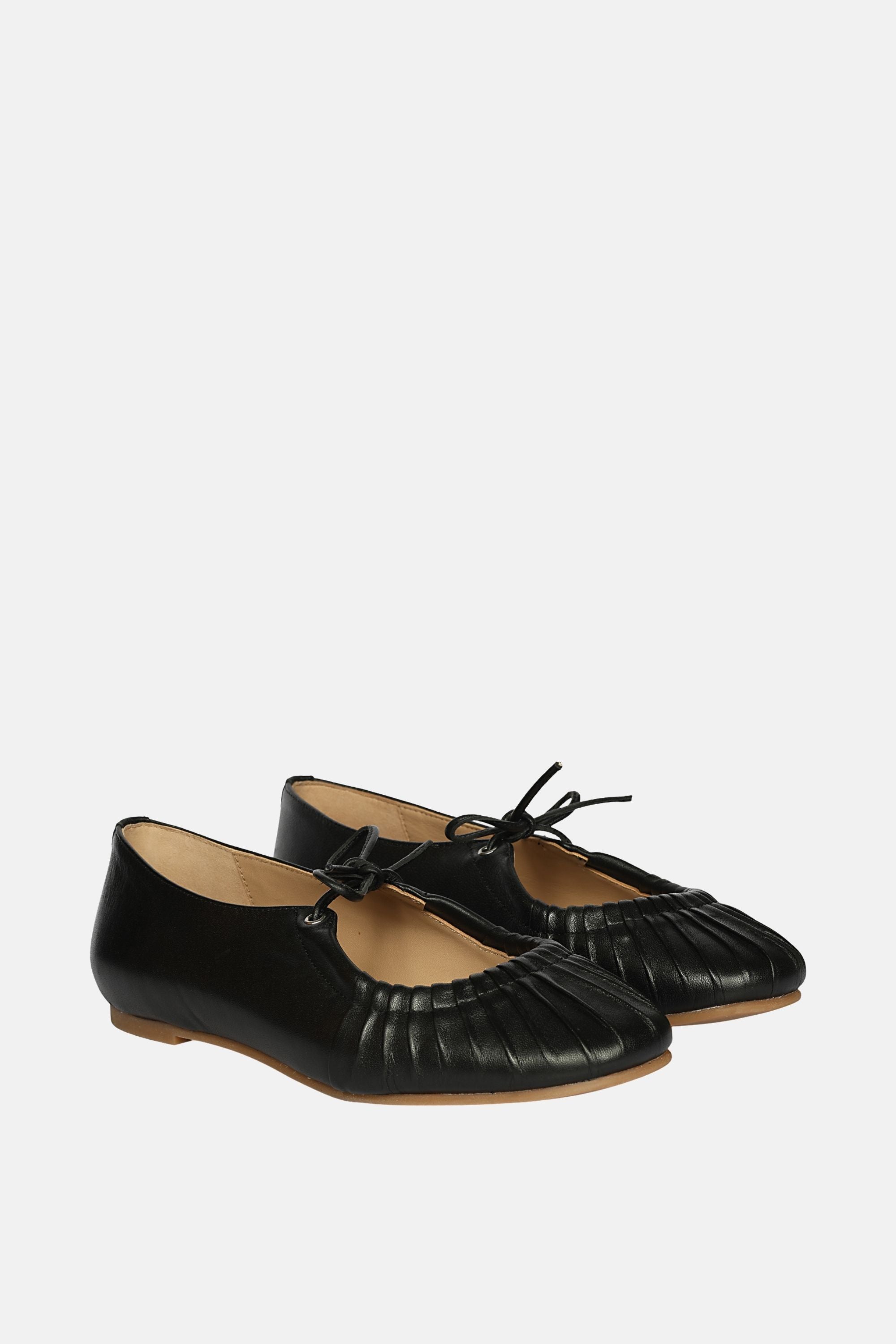 Jelavu - Ellie Ruched Lace-up Ballerina - Black Leather - Jelavu.com
