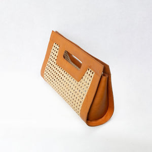 Venice long  - Cane Leather Clutch, rattan woven bag,