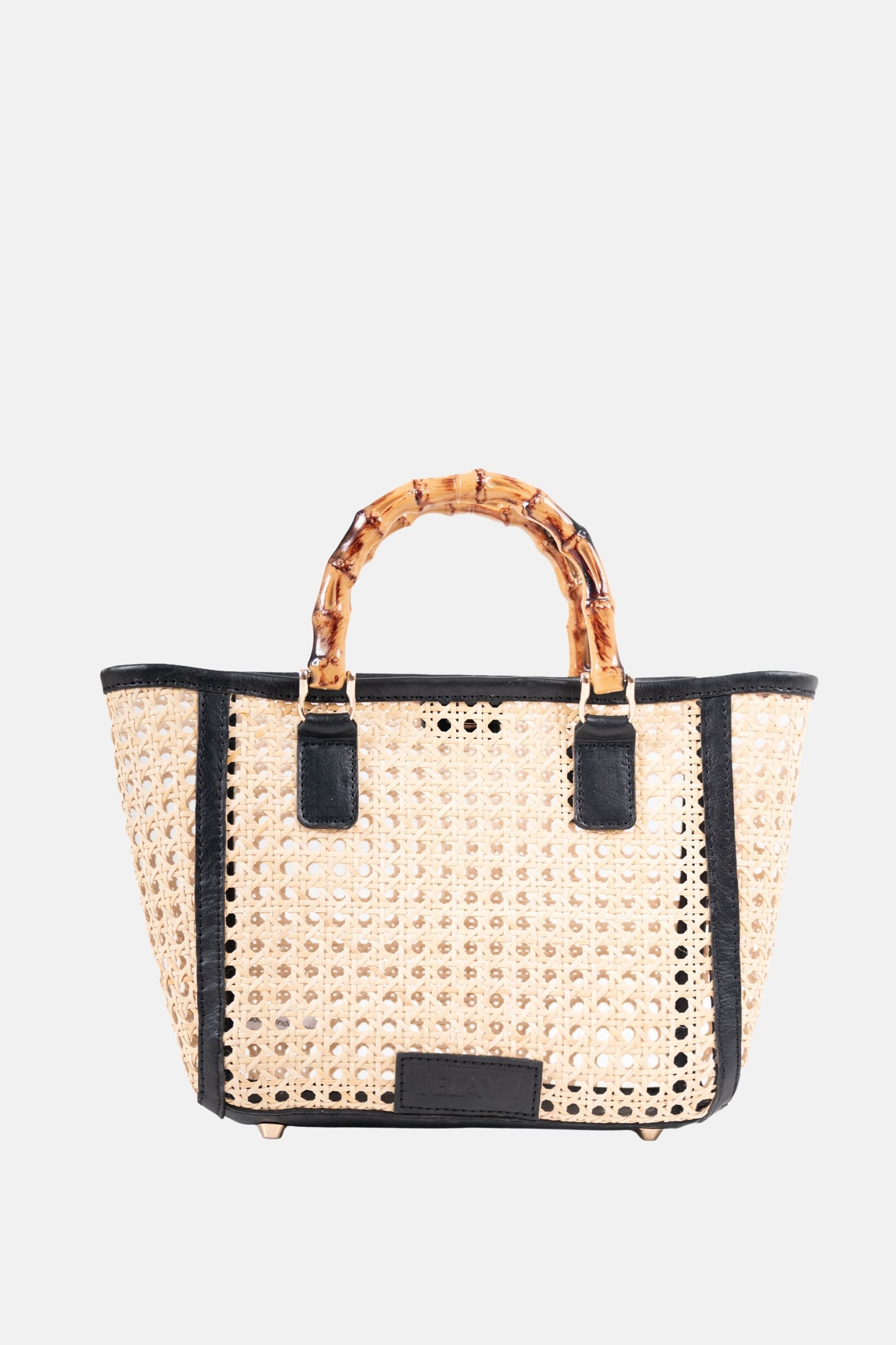 Bristol Medium Cane Tote with Bamboo Handle- Black Leather