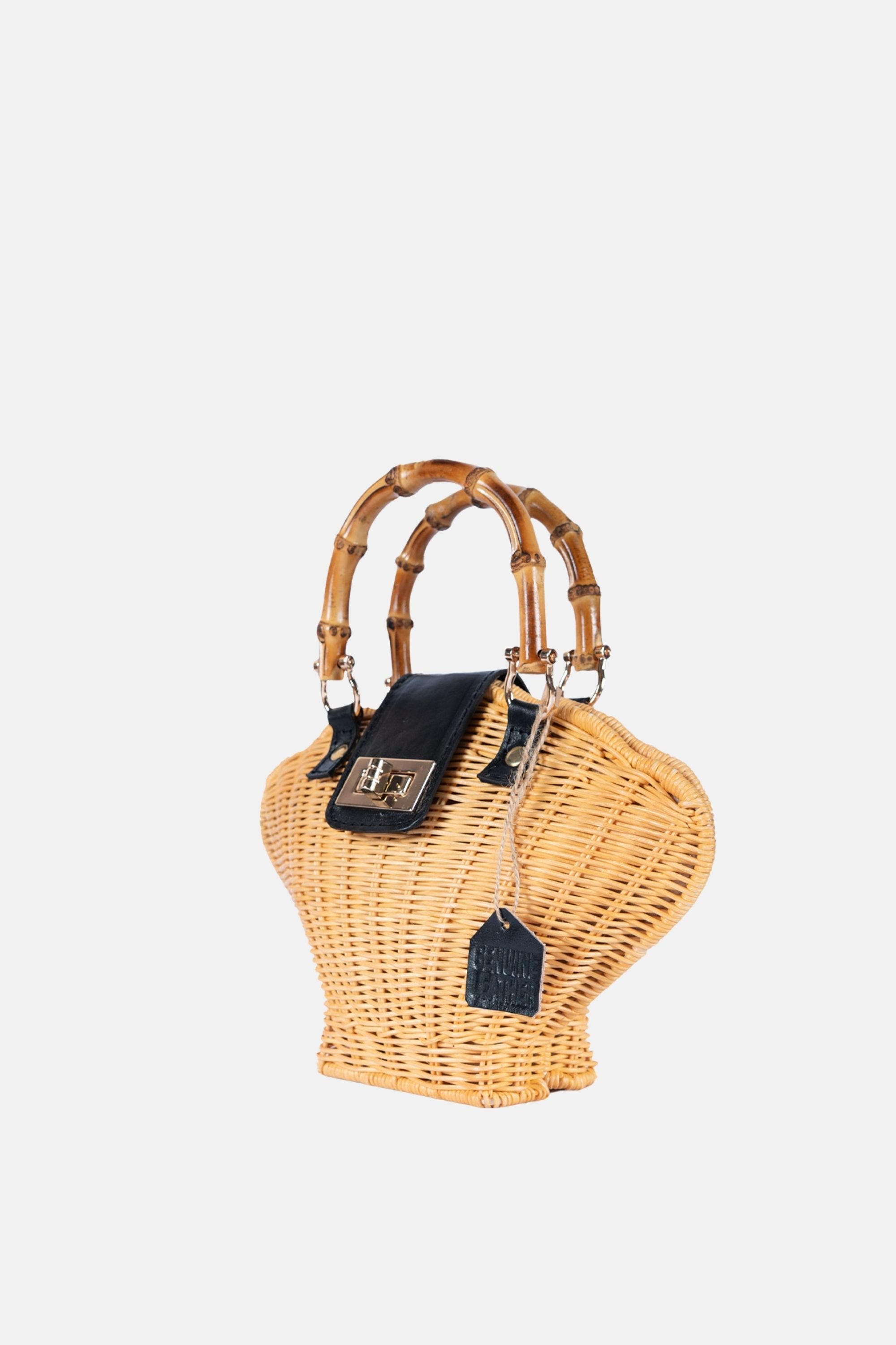 Maree Bamboo Handle  Rattan Medium Crossbody - Black Leather / Natural