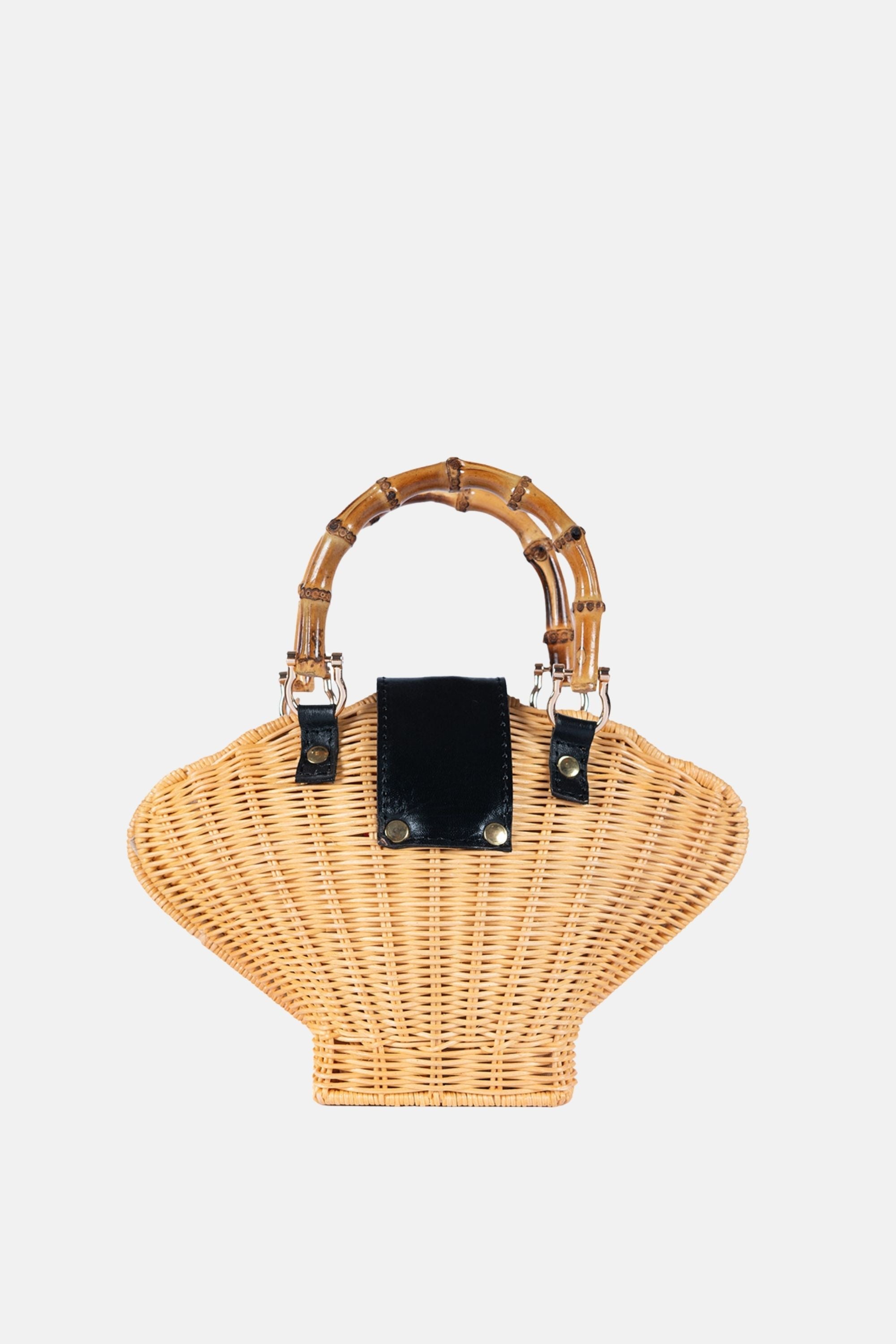 Maree Bamboo Handle  Rattan Medium Crossbody - Black Leather / Natural