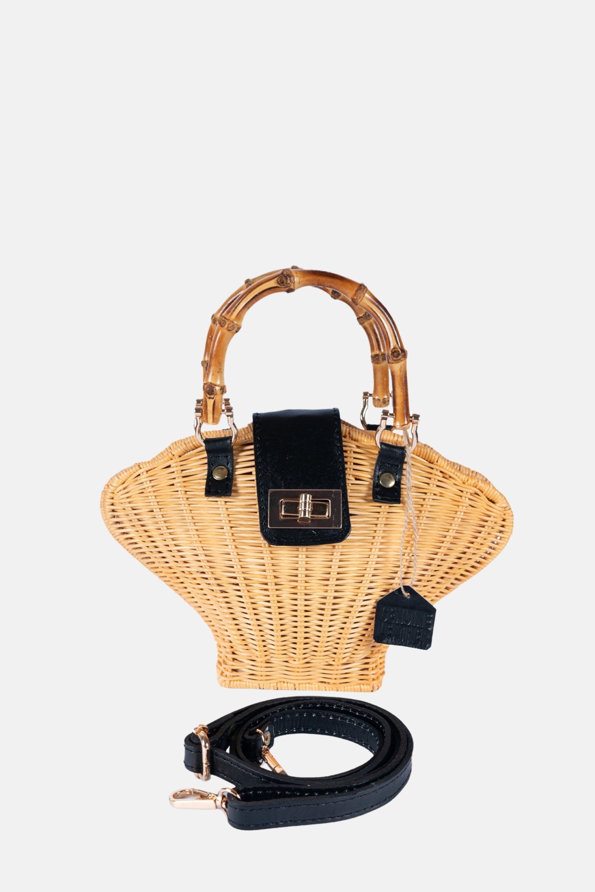 Maree Bamboo Handle  Rattan Medium Crossbody - Black Leather / Natural