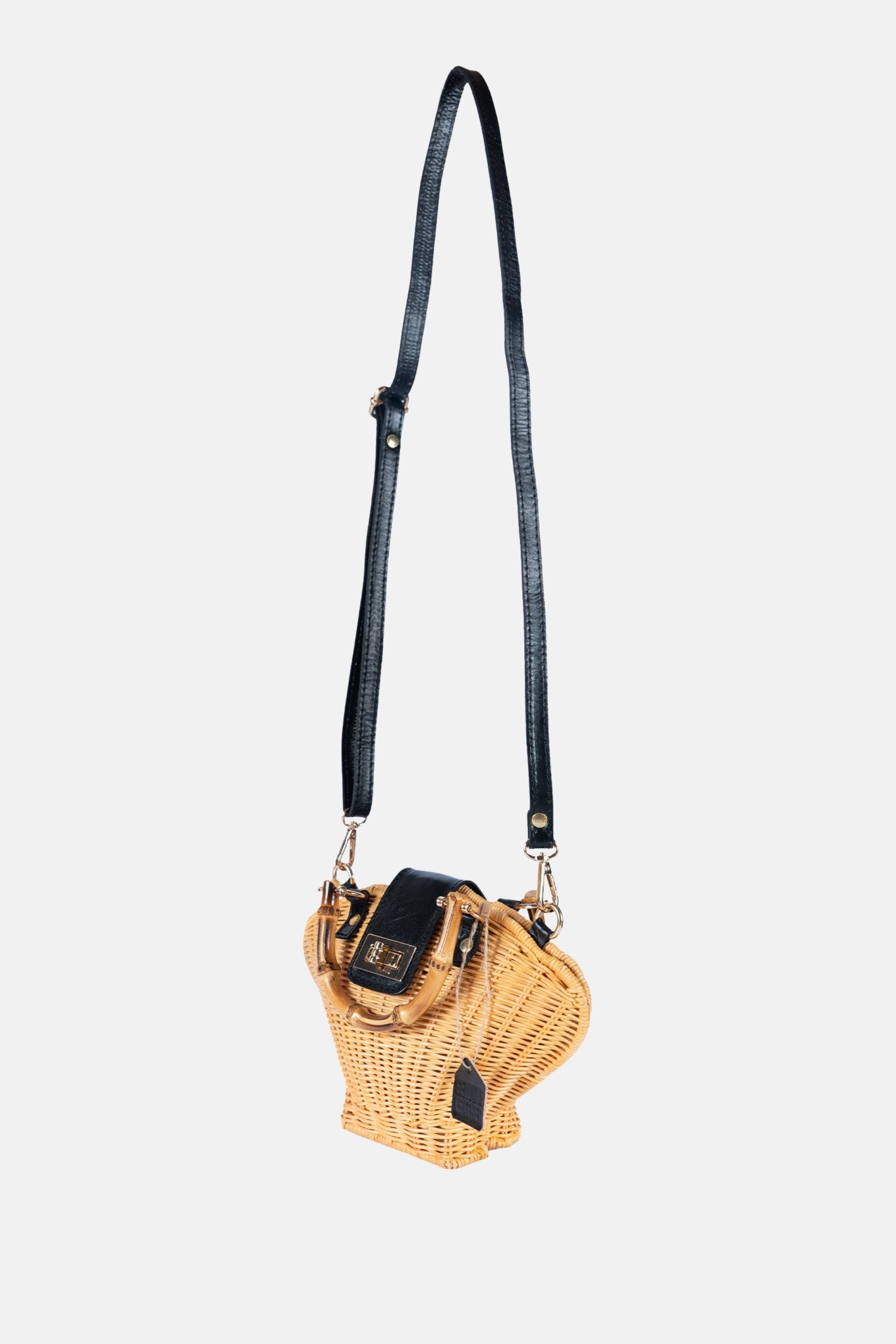 Maree Bamboo Handle  Rattan Medium Crossbody - Black Leather / Natural