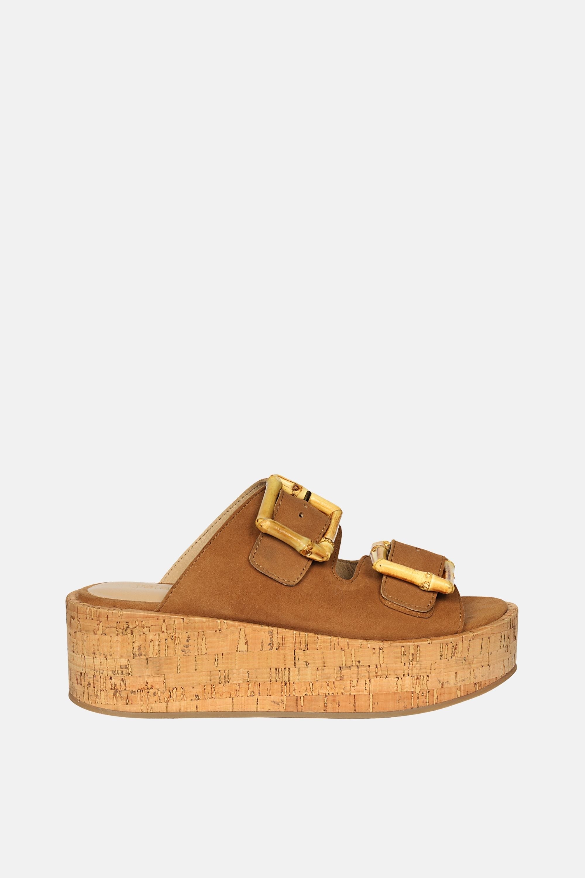 Jelavu - Corkie Platform Sandals with Bamboo Buckle - Cognac Suede - Jelavu.com