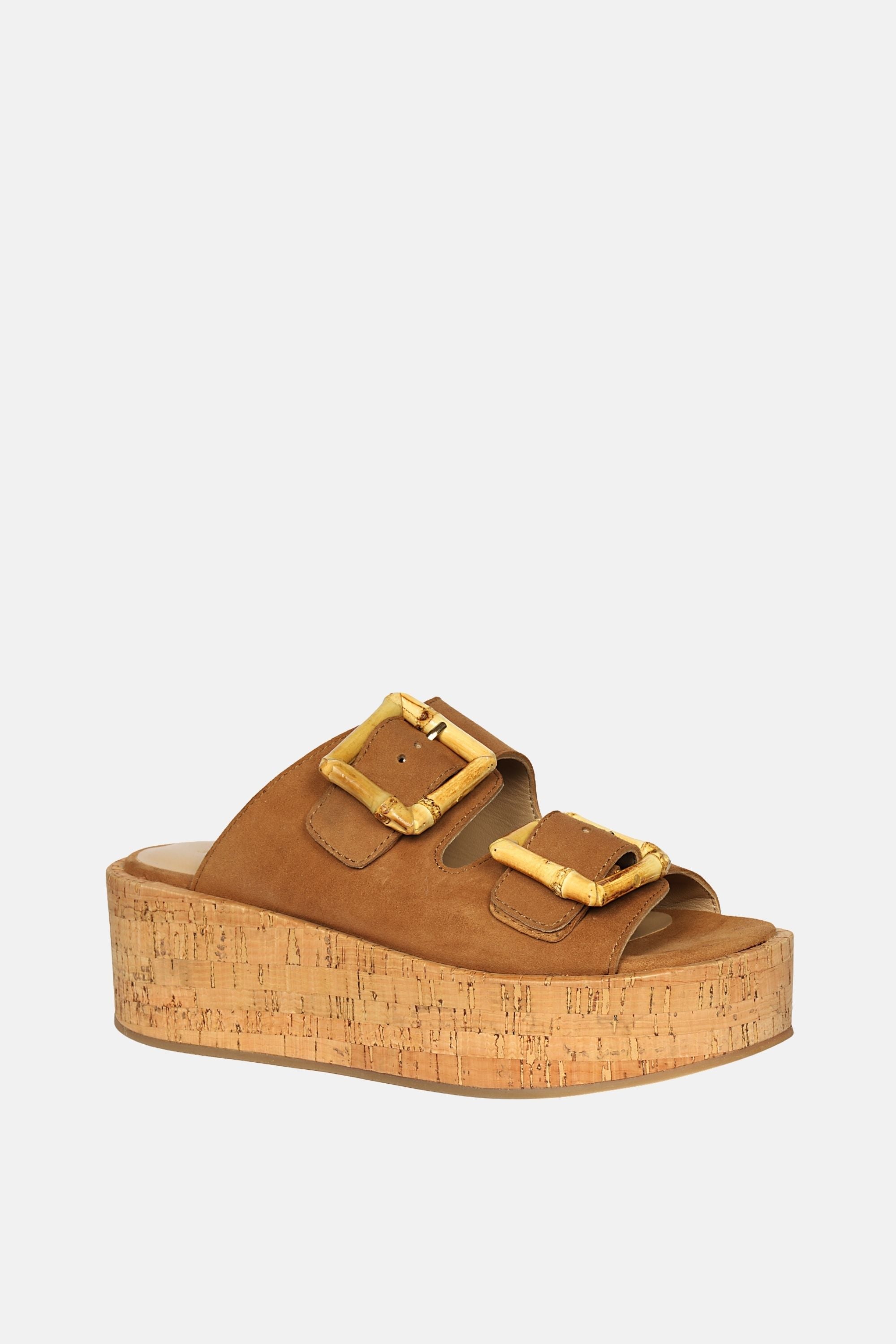 Jelavu - Corkie Platform Sandals with Bamboo Buckle - Cognac Suede - Jelavu.com