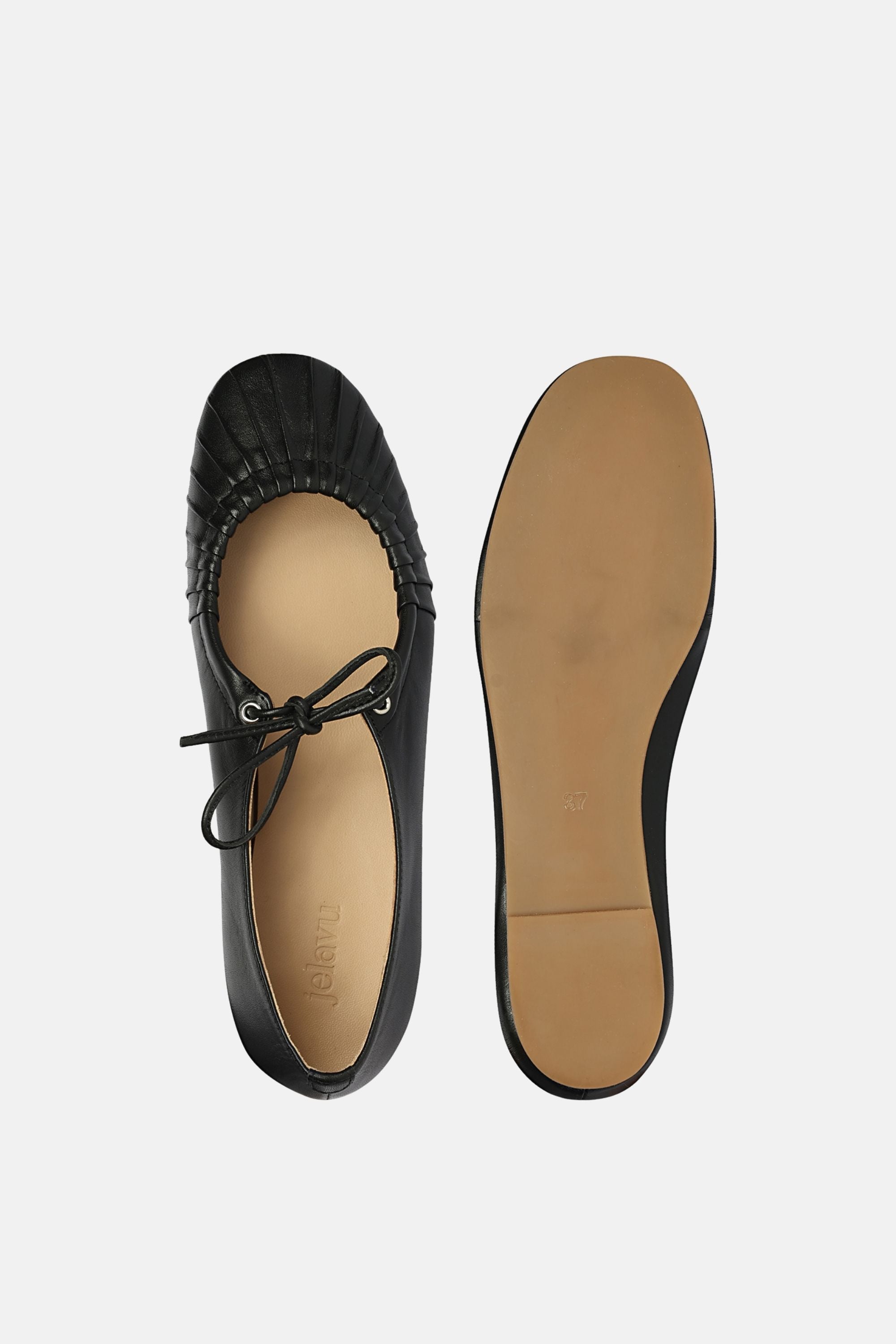 Jelavu - Ellie Ruched Lace-up Ballerina - Black Leather - Jelavu.com